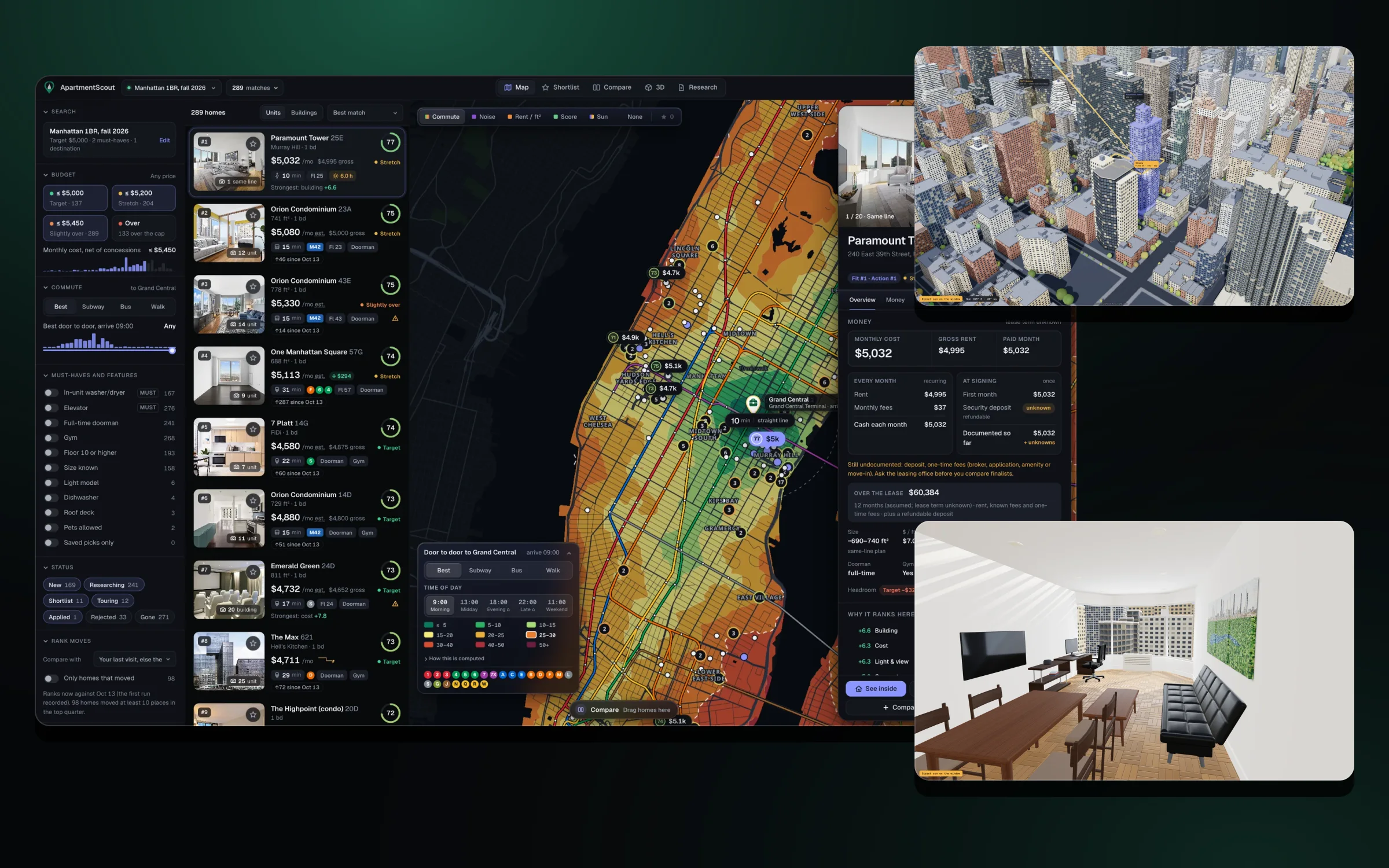 ApartmentScout layered hero: the heat-map dashboard with ranked listings, the 3D city and the furnished interior.