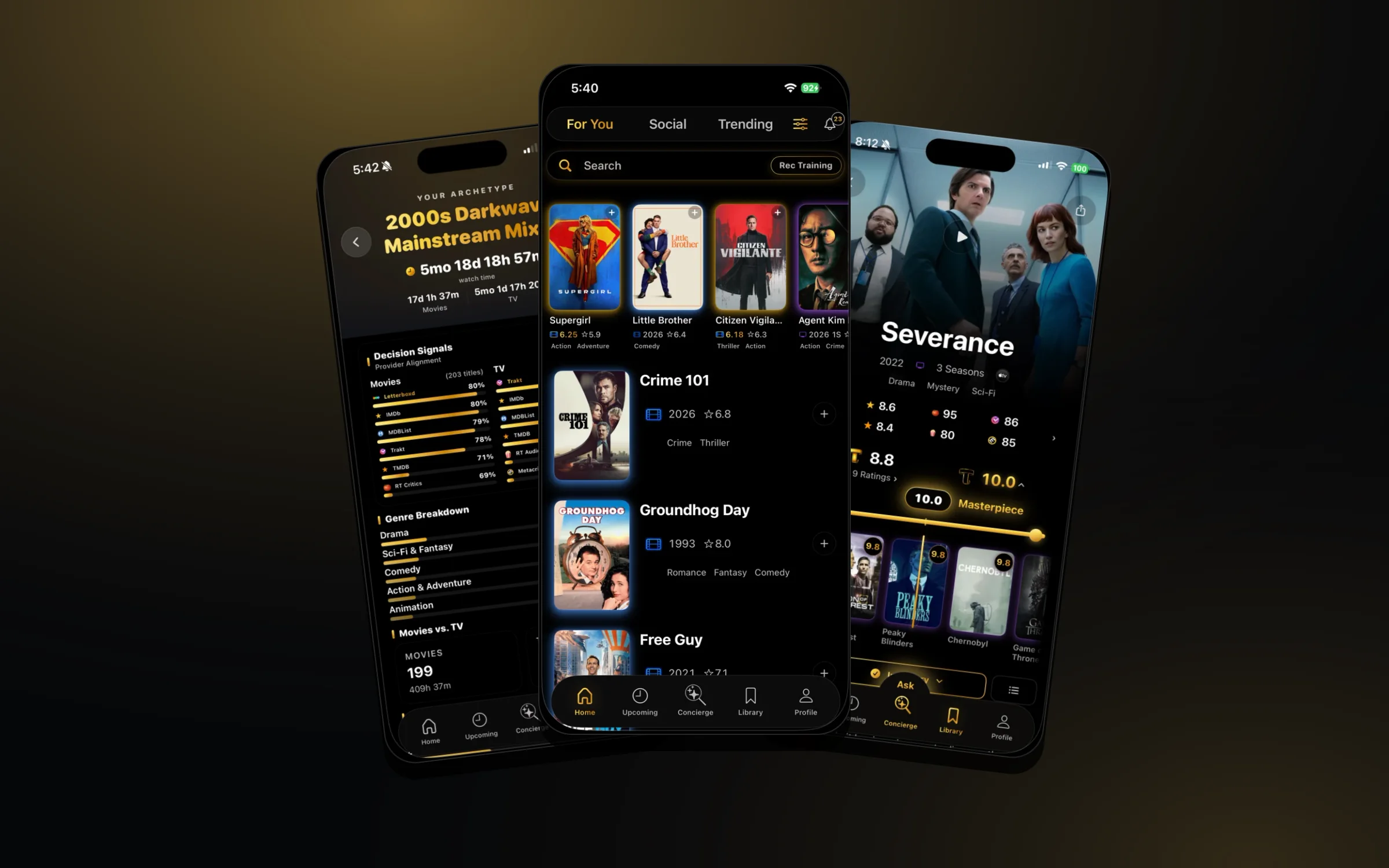 Three Telly iPhone screens fanned on gold light: the viewer archetype, the For You home feed and the Severance title screen with ratings.